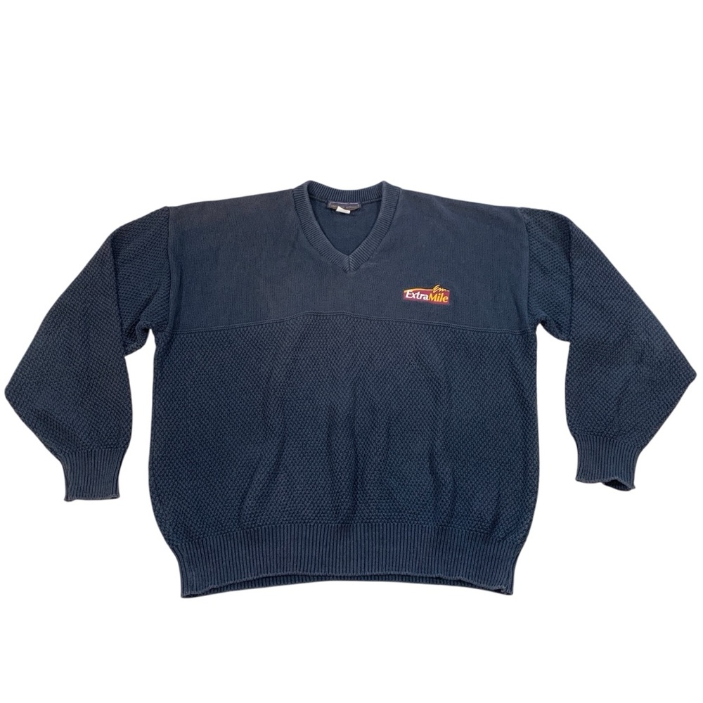 Vtg Andrew Rohan Mens XL Pullover Sweater V Neck ExtraMile Chevron Gas Station
